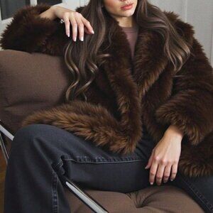 Coffee Brown Casual Women's Fleece Faux Fur Long Coat